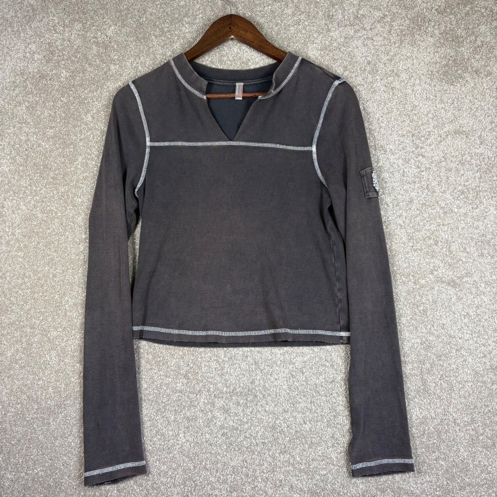 Free People FP Movement Ribbed Long Sleeve Cropped Top Charcoal Grey Large